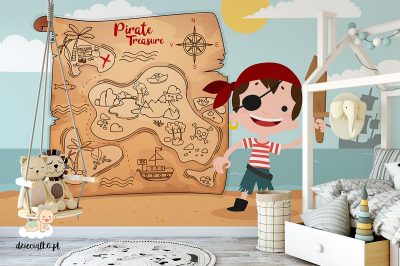 little pirate in front of a treasure map - children’s wall mural