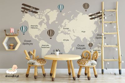 biplanes and balloons over the world map - children’s wall mural