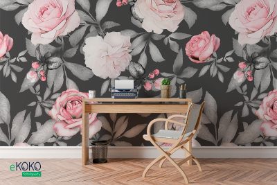 pink roses with gray leaves on a dark background - wall mural