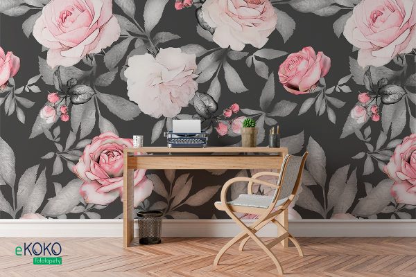 pink roses with gray leaves on a dark background - wall mural