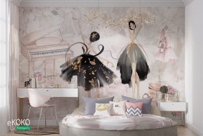 ballerinas in black dresses dancing against a pink background with a piano and trinkets - children’s wall mural