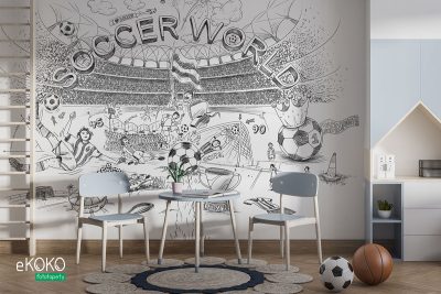 drawings of football-related elements against a stadium background - children’s wall mural
