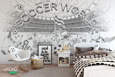 drawings of football-related elements against a stadium background - children’s wall mural