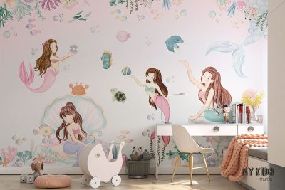 mermaids in the sea among corals and fish - children’s wall mural