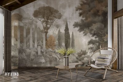 ancient ruins on rocky shore among trees - wall mural