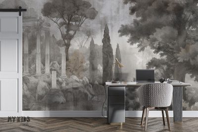 ancient ruins on rocky shore among trees - wall mural