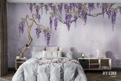 hanging wisteria branches with clusters of purple flowers on a watercolor background - wall mural